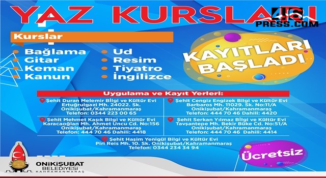 Onikişubat Belediyesi’nden 8 Branşta Yaz Kursu