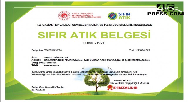 SANKO Üniversitesi Sıfır Atık Belgesi Aldı