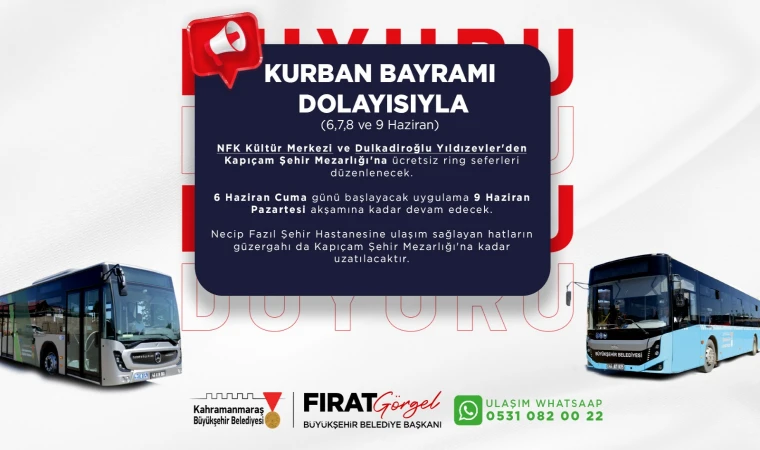 Bayramda NFK Kültür Merkezi ve Yıldızevler’den Kapıçam’a Ücretsiz Toplu Taşıma